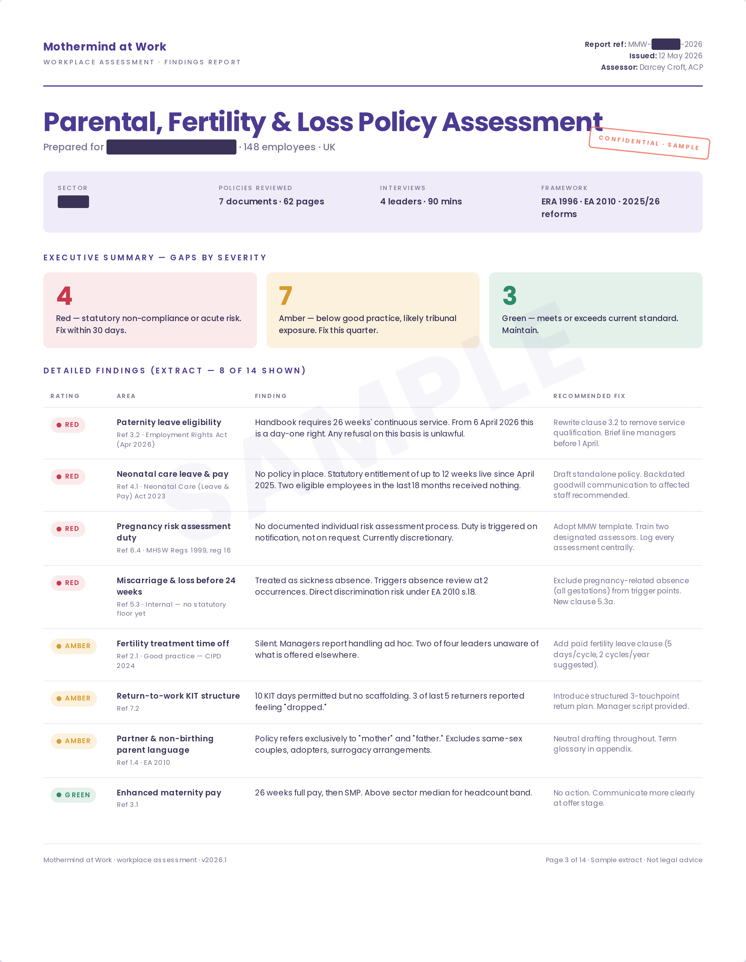 Sample Workplace Assessment findings report showing RAG-rated policy gaps